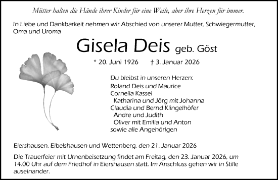 Traueranzeige von Gisela Deis von Dill Block