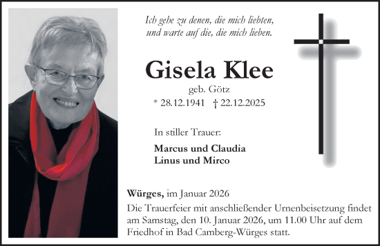 Traueranzeige von Gisela Klee von Camberger Anzeiger
