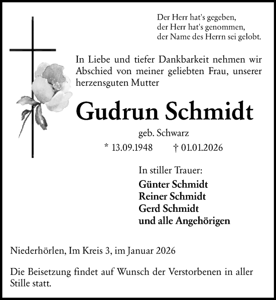 Traueranzeige von Gudrun Schmidt von Hinterländer Anzeiger