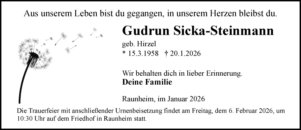  Traueranzeige für Gudrun Sicka-Steinmann vom 24.01.2026 aus Rüsselsheimer Echo