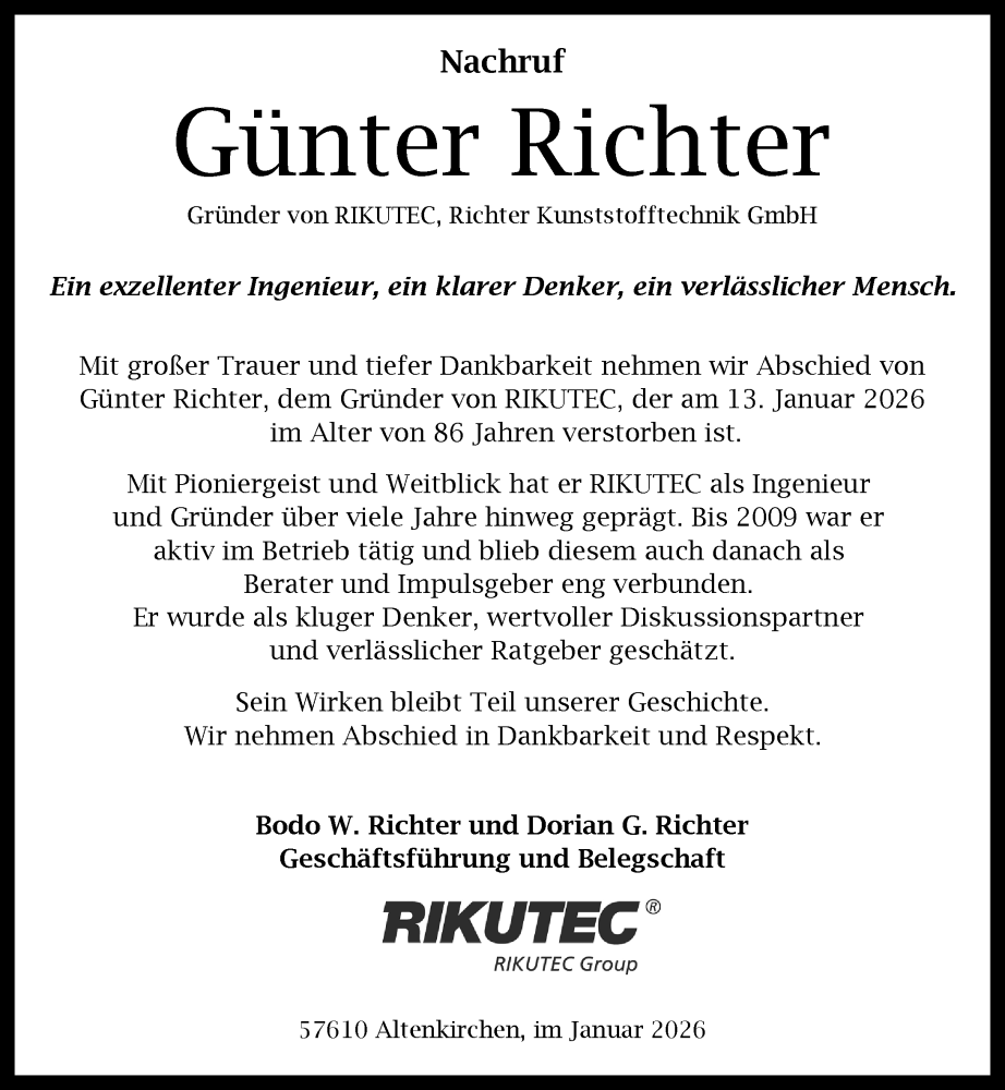  Traueranzeige für Günter Richter vom 24.01.2026 aus Wetzlarer Neue Zeitung