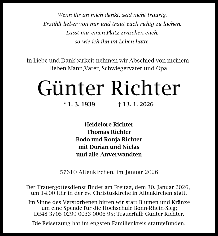  Traueranzeige für Günter Richter vom 24.01.2026 aus Wetzlarer Neue Zeitung