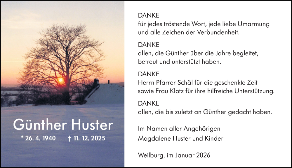  Traueranzeige für Günther Huster vom 24.01.2026 aus Weilburger Tageblatt