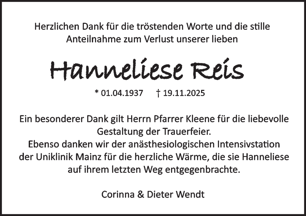  Traueranzeige für Hanneliese Reis vom 24.01.2026 aus Allgemeine Zeitung Mainz