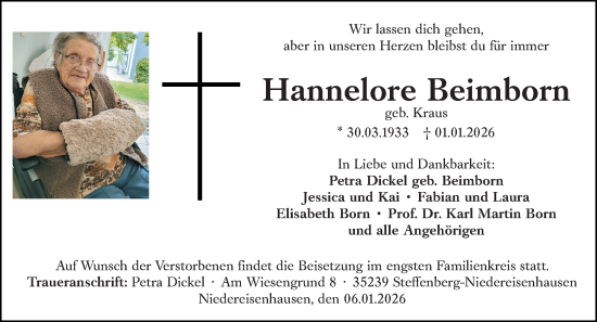Traueranzeige von Hannelore Beimborn von Hinterländer Anzeiger