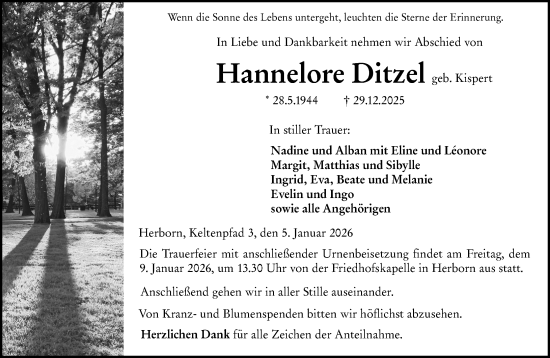 Traueranzeige von Hannelore Ditzel von Dill Block