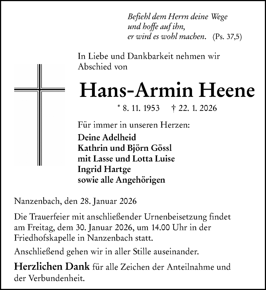  Traueranzeige für Hans-Armin Heene vom 28.01.2026 aus Hinterländer Anzeiger