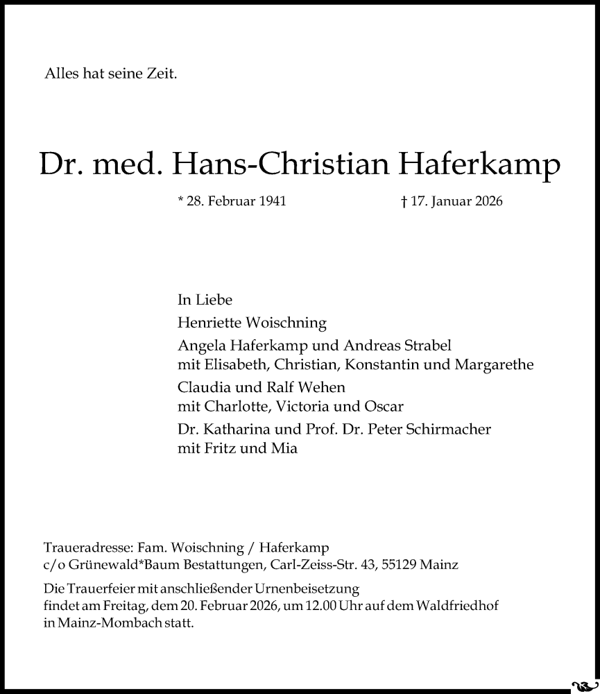  Traueranzeige für Hans-Christian Haferkamp vom 31.01.2026 aus Allgemeine Zeitung Mainz