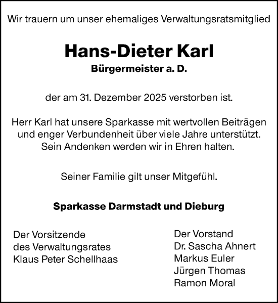 Traueranzeige von Hans-Dieter Karl von Darmstädter Echo