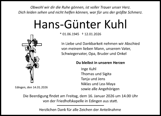 Traueranzeige von Hans-Günter Kuhl von Wetzlarer Neue Zeitung