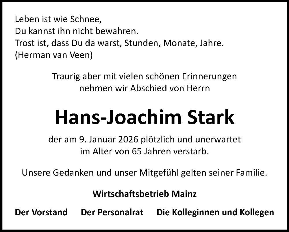  Traueranzeige für Hans-Joachim Stark vom 31.01.2026 aus Allgemeine Zeitung Mainz