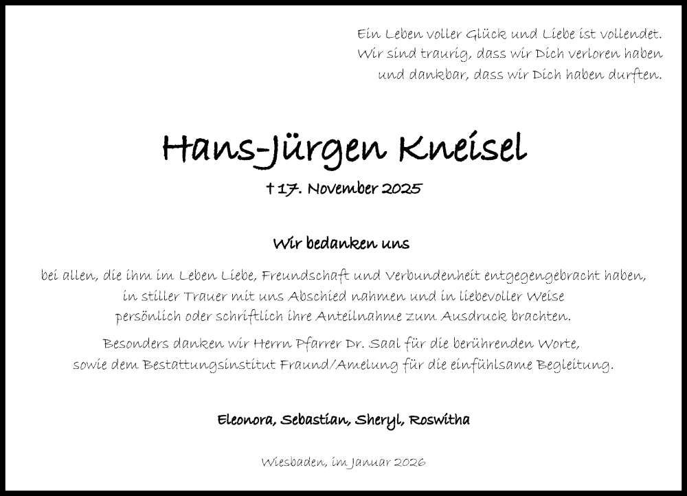 Traueranzeige für Hans-Jürgen Kneisel vom 31.01.2026 aus Wiesbadener Kurier