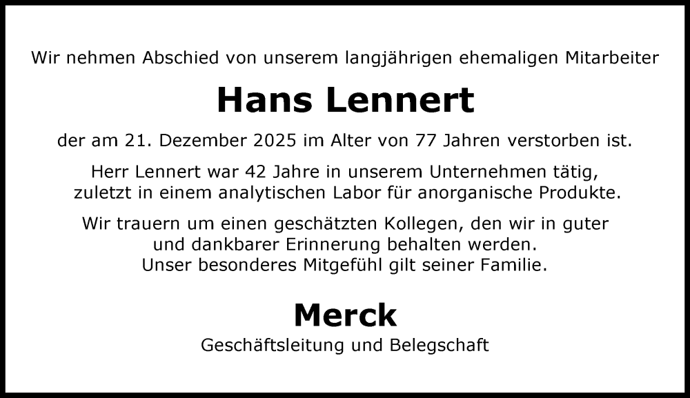  Traueranzeige für Hans Lennert vom 24.01.2026 aus Darmstädter Echo