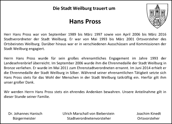 Traueranzeige von Hans Pross von Weilburger Tageblatt