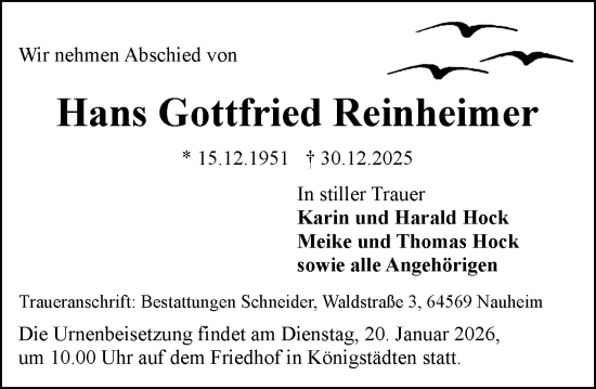Traueranzeige von Hans Gottfried Reinheimer von Rüsselsheimer Echo