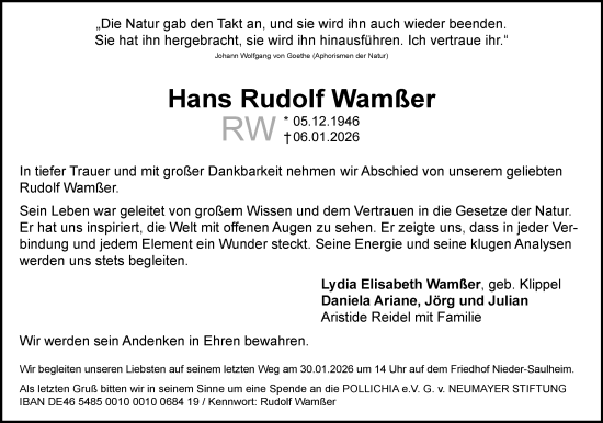 Traueranzeige von Hans Rudolf Wamßer von Allgemeine Zeitung Alzey