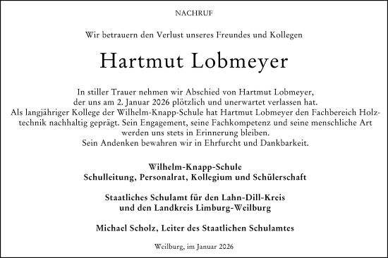 Traueranzeige von Hartmut Lobmeyer von Weilburger Tageblatt