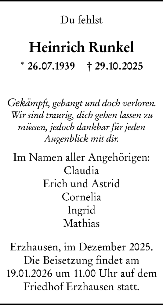 Traueranzeige von Heinrich Runkel von Darmstädter Echo