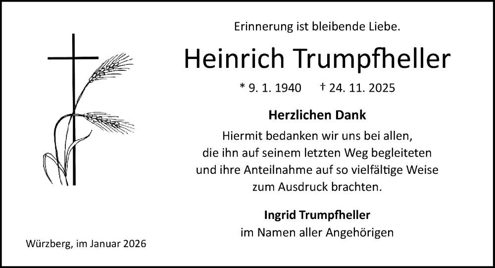 Traueranzeige für Heinrich Trumpfheller vom 10.01.2026 aus Odenwälder Echo