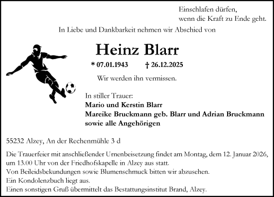 Traueranzeige von Heinz Blarr von Allgemeine Zeitung Alzey