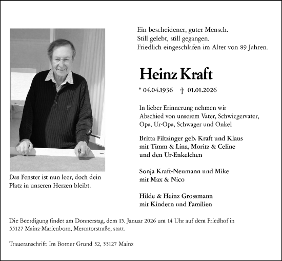 Traueranzeige von Heinz Kraft von Allgemeine Zeitung Mainz