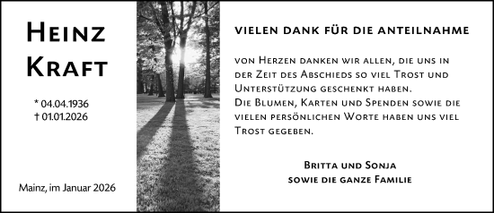 Traueranzeige von Heinz Kraft von Allgemeine Zeitung Mainz