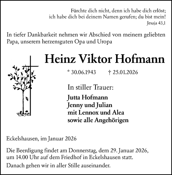 Traueranzeige von Heinz Viktor Hofmann von Hinterländer Anzeiger
