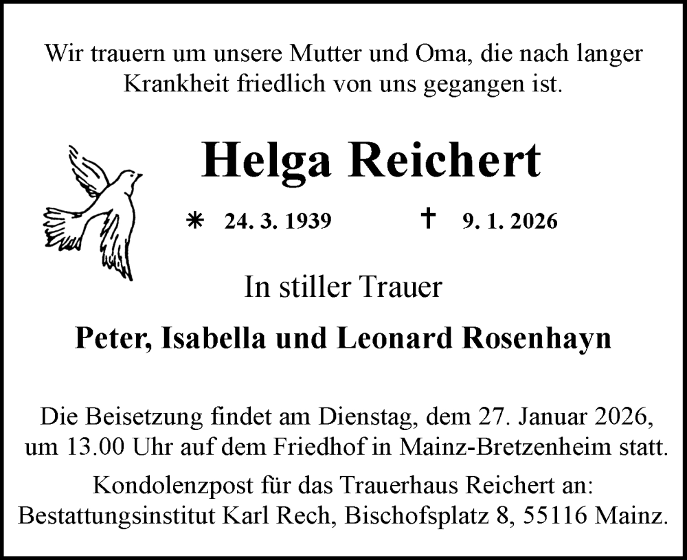  Traueranzeige für Helga Reichert vom 24.01.2026 aus Allgemeine Zeitung Mainz