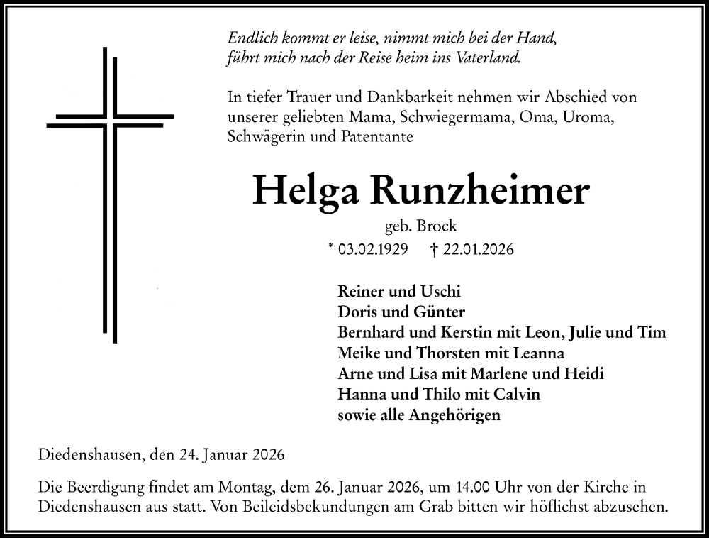  Traueranzeige für Helga Runzheimer vom 24.01.2026 aus Hinterländer Anzeiger