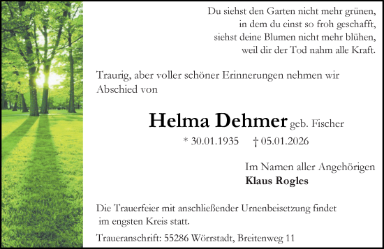 Traueranzeige von Helma Dehmer von Allgemeine Zeitung Alzey
