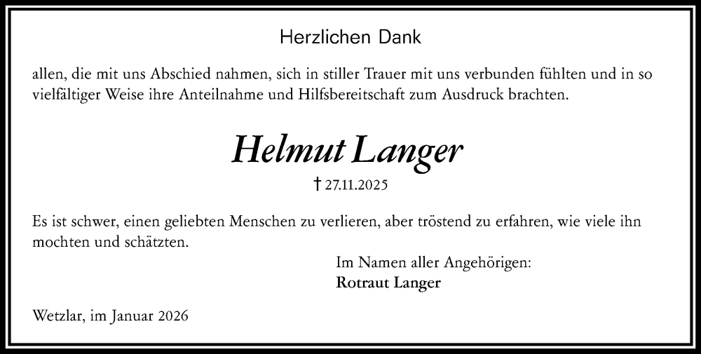  Traueranzeige für Helmut Langer vom 10.01.2026 aus Wetzlarer Neue Zeitung