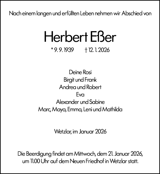 Traueranzeige von Herbert Eßer von Wetzlarer Neue Zeitung