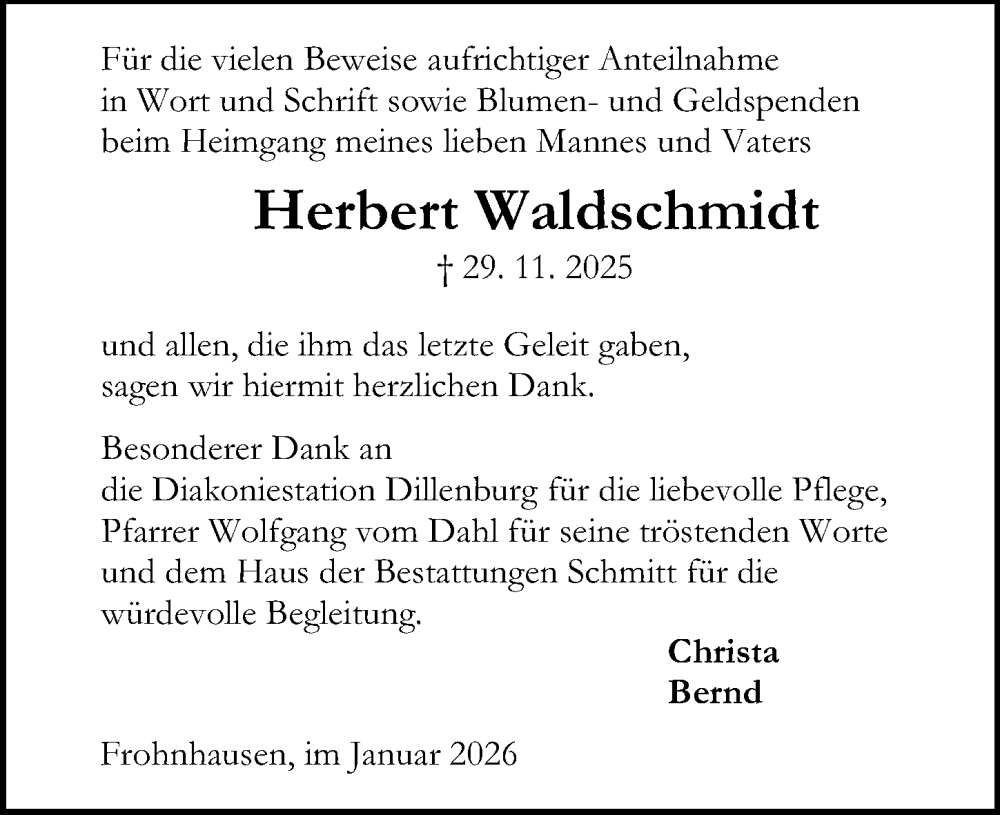  Traueranzeige für Herbert Waldschmidt vom 17.01.2026 aus Dill Block