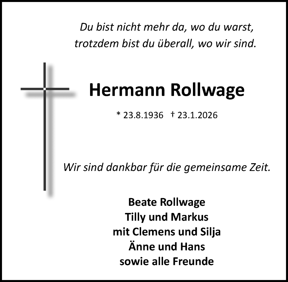  Traueranzeige für Hermann Rollwage vom 31.01.2026 aus Allgemeine Zeitung Mainz