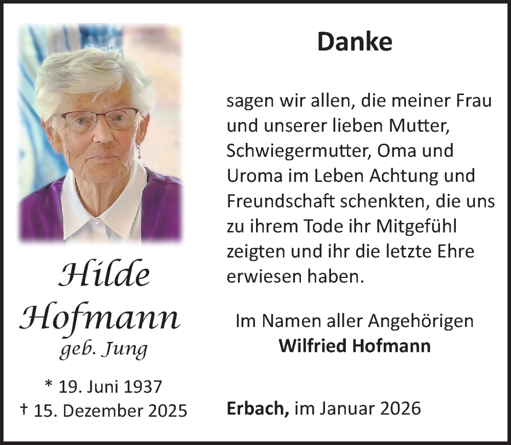  Traueranzeige für Hilde Hofmann vom 08.01.2026 aus Camberger Anzeiger