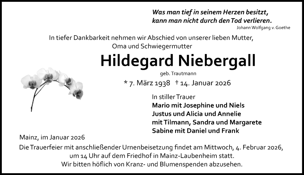  Traueranzeige für Hildegard Niebergall vom 24.01.2026 aus Allgemeine Zeitung Mainz
