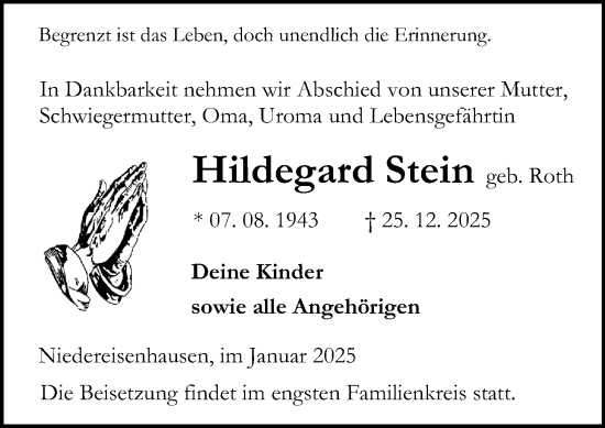 Traueranzeige von Hildegard Stein von Hinterländer Anzeiger