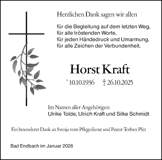 Traueranzeige von Horst Kraft von Hinterländer Anzeiger
