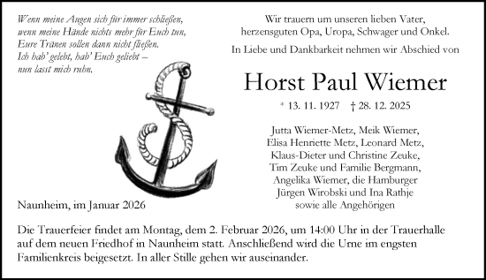 Traueranzeige von Horst Paul Wiemer von Wetzlarer Neue Zeitung