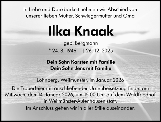 Traueranzeige von Ilka Knaak von Weilburger Tageblatt