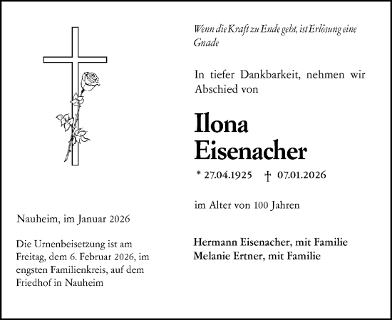Traueranzeige von Ilona Eisenacher von Rüsselsheimer Echo