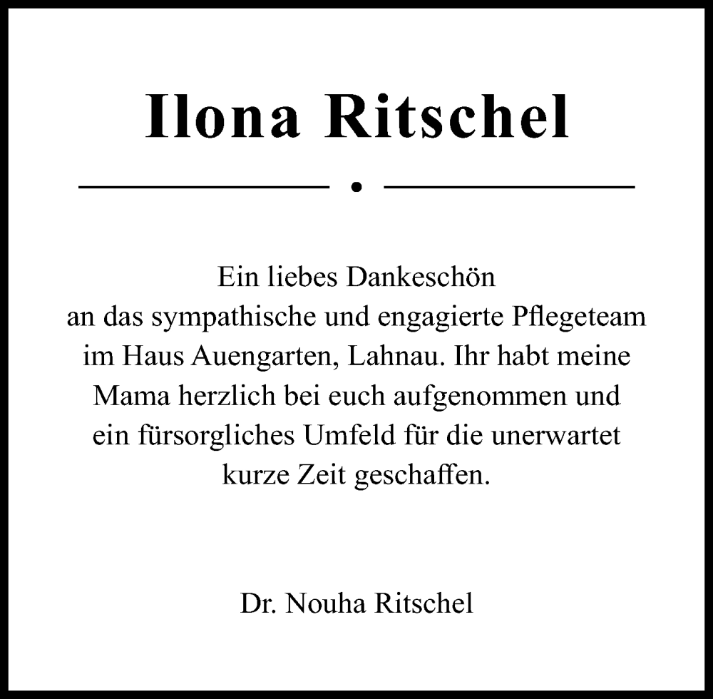  Traueranzeige für Ilona Ritschel vom 03.01.2026 aus Wetzlarer Neue Zeitung