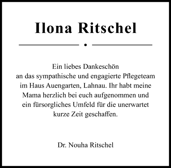Traueranzeige von Ilona Ritschel von Wetzlarer Neue Zeitung