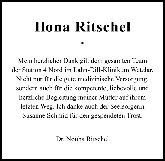 Traueranzeige von Ilona Ritschel von Wetzlarer Neue Zeitung