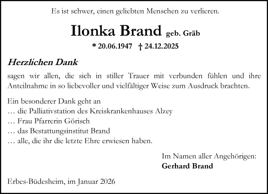 Traueranzeige von Ilonka Brand von Allgemeine Zeitung Alzey