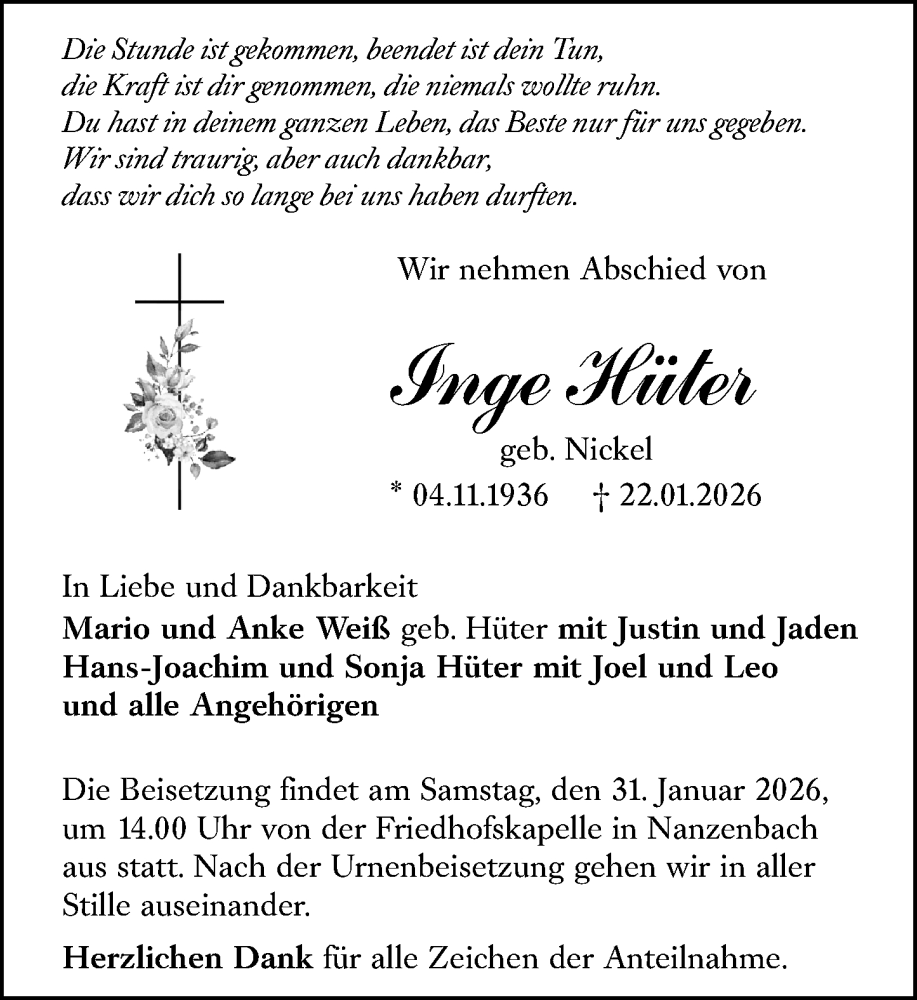  Traueranzeige für Inge Hüter vom 27.01.2026 aus Dill Block