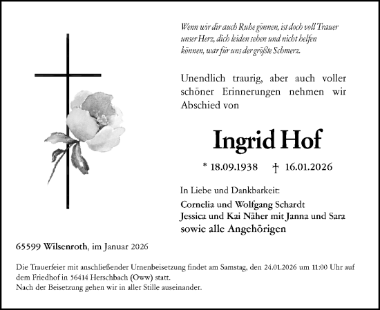 Traueranzeige von Ingrid Hof von Nassauische Neue Presse