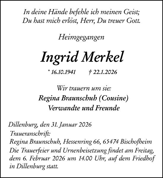 Traueranzeige von Ingrid Merkel von Dill Block