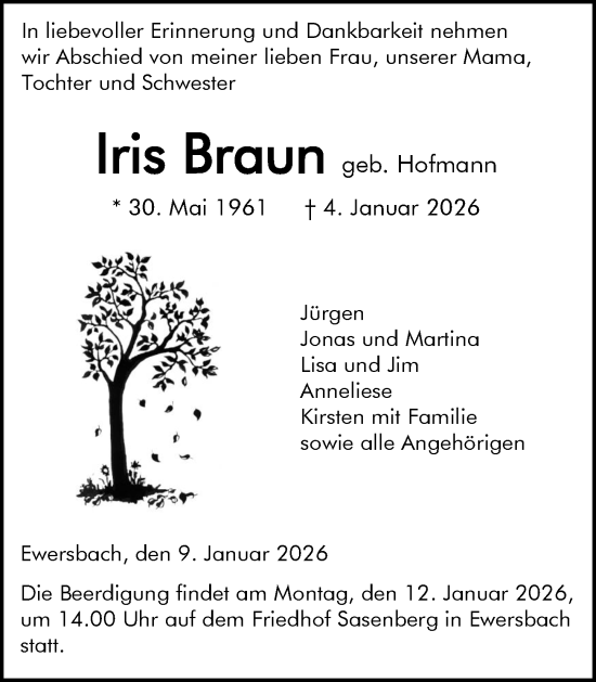 Traueranzeige von Iris Braun von Dill Block