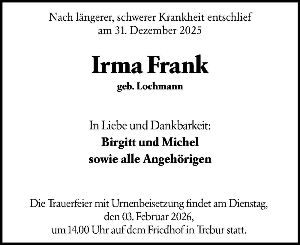  Traueranzeige für Irma Frank vom 24.01.2026 aus Groß-Gerauer Echo